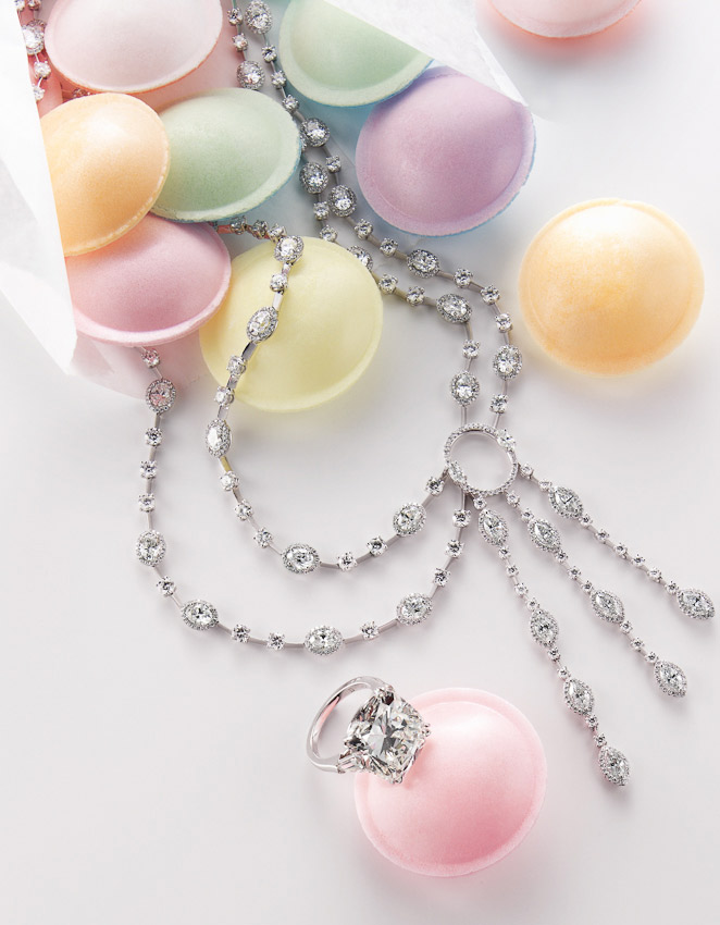 jewellery and sweets still life, necklace, ring, flying saucers, sherbet, pastels, luxury accessories, jewellery photographer, luxury women's accessories photography, fine jewellery photography,  still-life photography, David Parfitt, still-life, still-life photography, still-life photographer, still-life photographer London, David Parfitt, advertising photographer