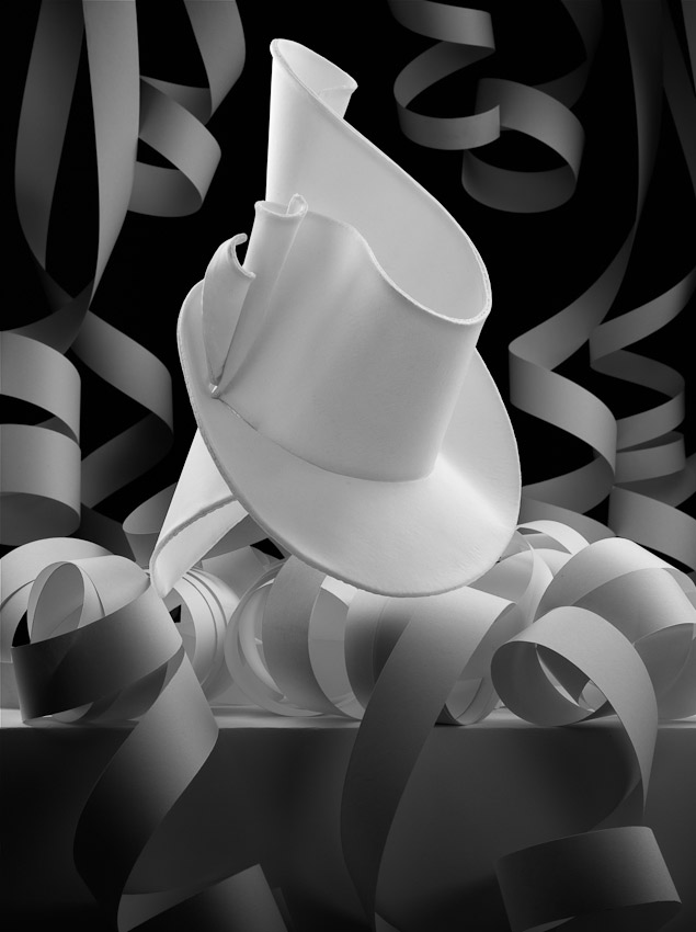 Stephen Jones Hats, floating hat, coiled paper, paper curls, Stephen Jones Hats, floating hat, still-life, still-life photography, still-life photographer London, luxury fashion accessories, Luxury fashion photography London, David Parfitt