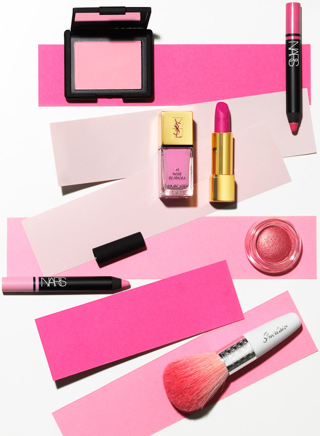 beauty and make up, pink make up products on pink strips of paper, still life by David Parfitt, make up, make up photography, beauty still life, beauty product photographer, beauty product photography, pink make up product photography, still-life photographer, still-life photographer London, David Parfitt, advertising photographer