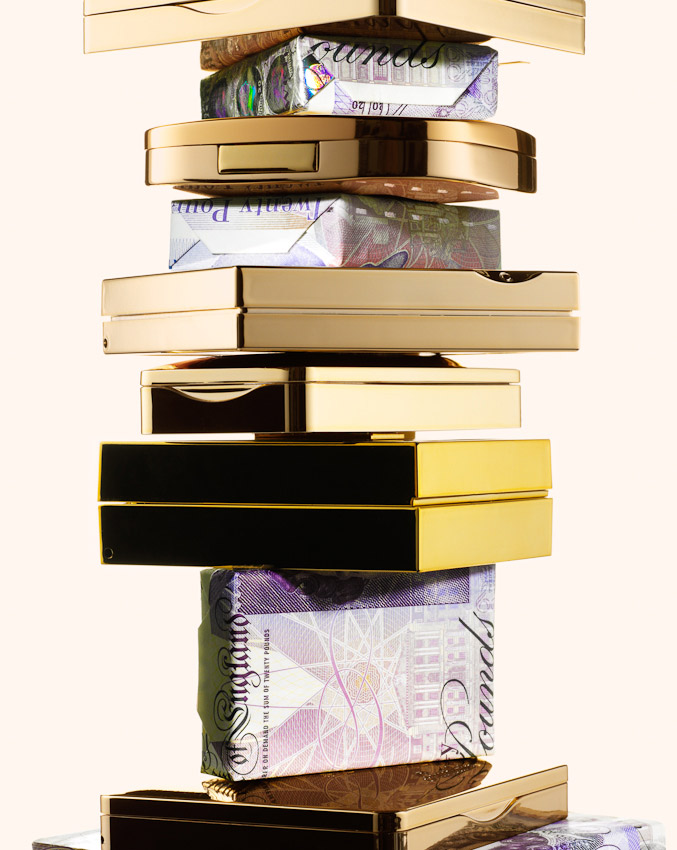 cosmetics wrapped in £20 notes, beauty products with money, beauty products, still-life, still-life photography, still-life photographer, beauty still-life, beauty product photography, beauty product photographer London, David Parfitt