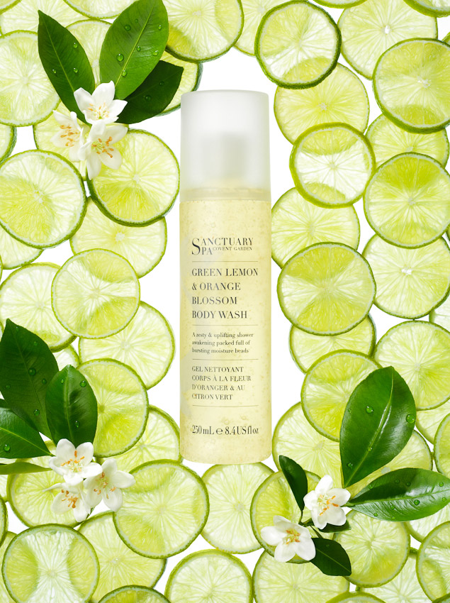 beauty and fragrance, Sanctuary Spa Covent Garden, Green Lemon and Orange Blossom body wash campaign, beauty, beauty product photography, beauty still life, beauty product photographer, still-life photographer, still-life photographer London, David Parfitt, advertising photographer
