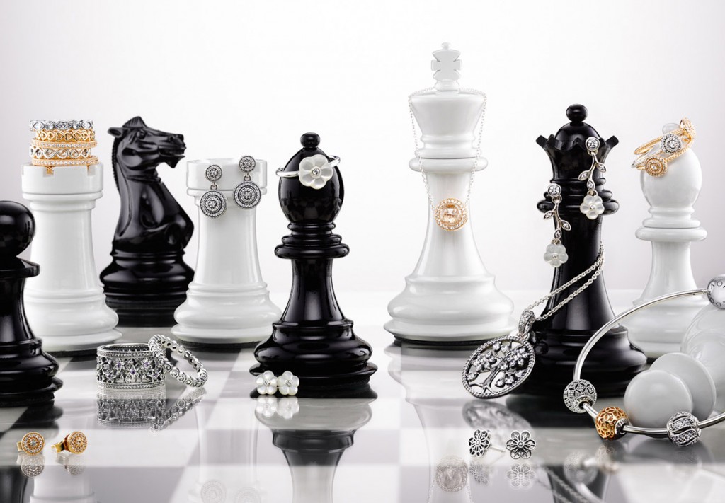Chess, Tatler / Pandora jewellery, jewellery arranged on chess pieces, chess board, Tatler promotion still-life photographer, still-life photography, still-life photographer London, product photography, jewellery photographer, jewelry photographer jewellery photography, David Parfitt