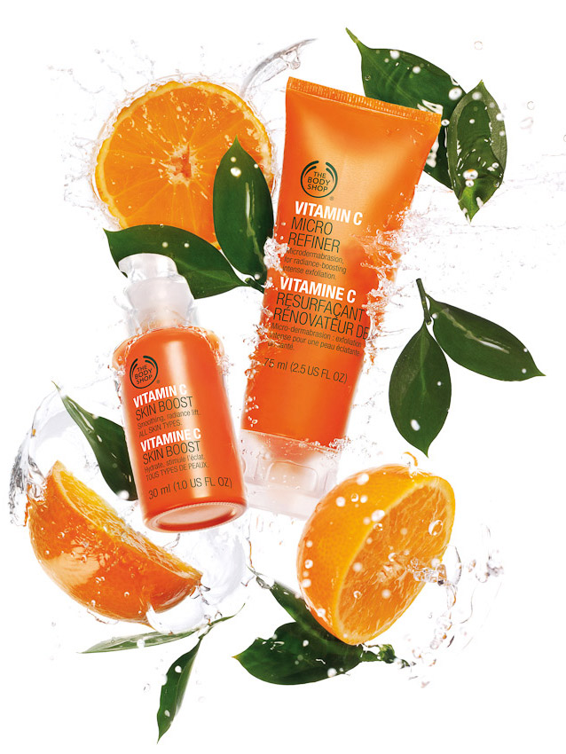 Body shop vitamin C product range campaign with water and oranges, still life by David Parfitt, beauty, beauty product photography, beauty still life, beauty product photographer, make up photography, skincare photography, still-life photographer, still-life photographer London, David Parfitt, advertising photographer