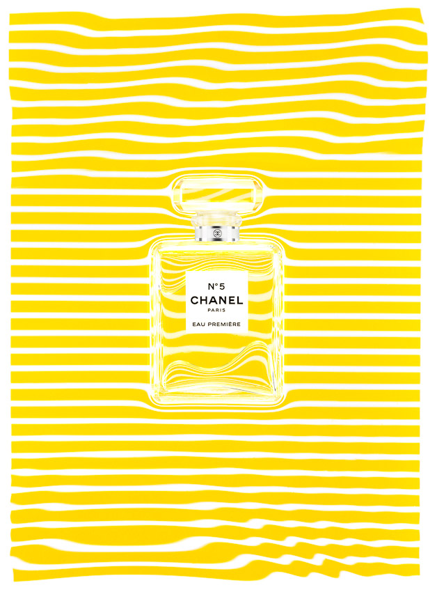 Chanel No 5 fragrance, perfume, Chanel Chance fragrance , Perfume bottles against pink and yellow stripes, underwater photography,  creative photography, still-life photographer, still-life photography, still-life photographer London, cosmetics photographer, cosmetics and fragrance photographer, David Parfitt